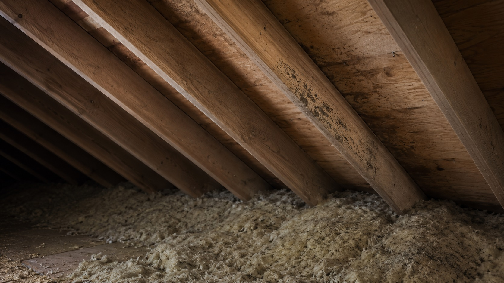 Attic rafters with localized mold speckling, moisture staining on roof sheathing, and insulation crowded near the eaves.