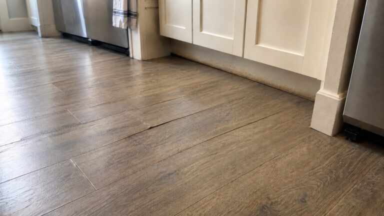 Kitchen floor with subtle lifted plank seams, faint discoloration, and mild moisture staining near lower cabinets and an appliance.
