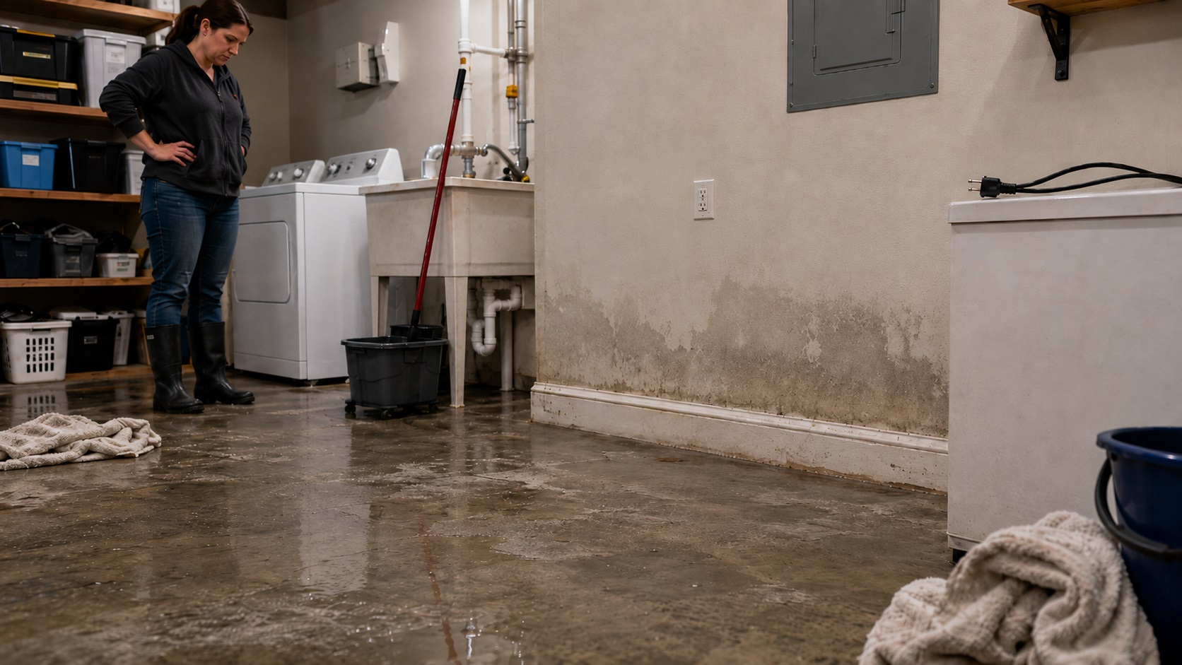 Homeowner in rubber boots standing back from a wet basement laundry room floor with an outlet and electrical panel safely above the flood-damaged wall.