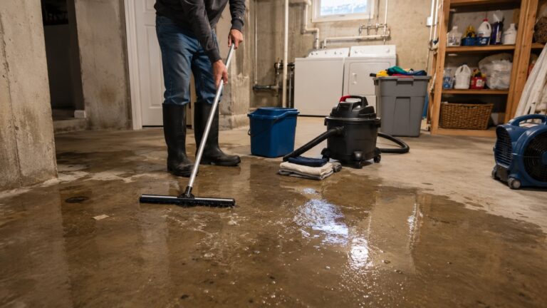Homeowner in rubber boots using a floor squeegee to clean shallow standing water from a basement laundry area after flooding.