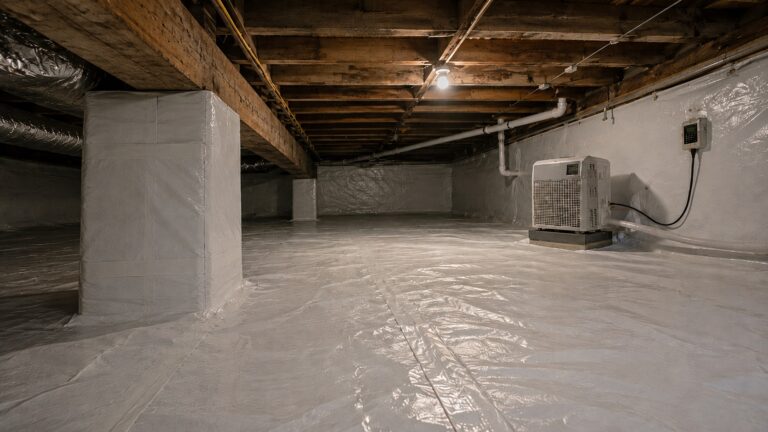 Dry encapsulated crawl space with sealed vapor barrier, wrapped support piers, wood framing, ductwork, pipes, and a dehumidifier controlling moisture.