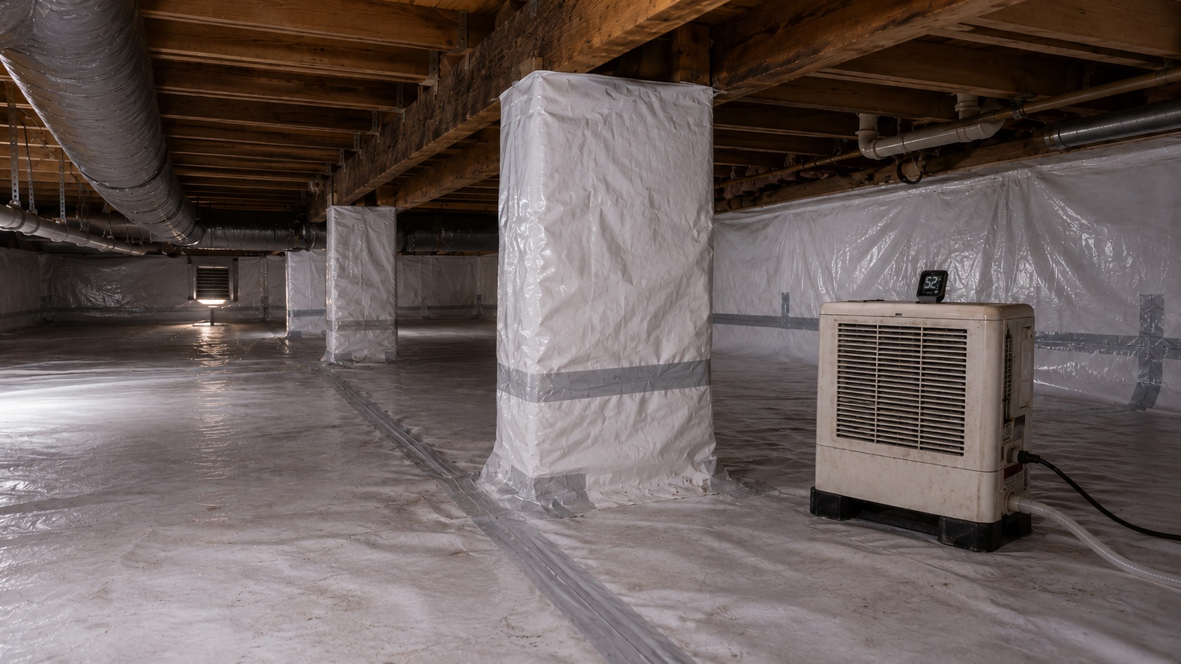 Encapsulated crawl space with sealed vapor barrier, wrapped support piers, dry joists, ductwork, and a dehumidifier controlling humidity below the home.