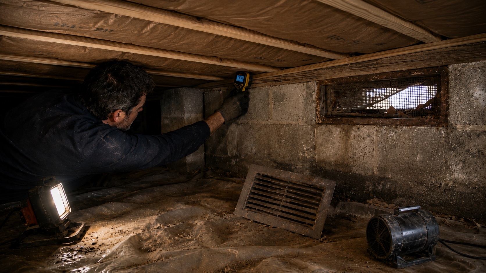Contractor checks crawl space moisture near a damaged foundation vent with repair tools, replacement vent cover, fan, vapor barrier, and insulation visible.