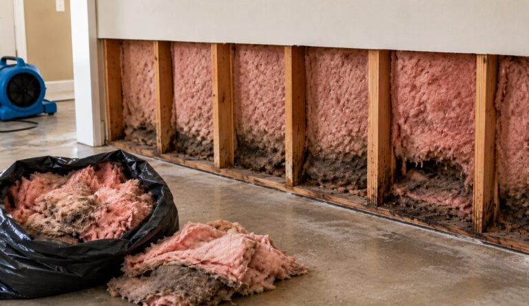 Lower section of a flood-damaged wall with drywall removed, exposed studs, matted wet insulation, and removed fiberglass in a cleanup bag.