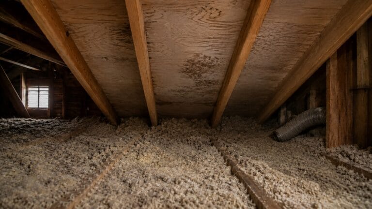 Dusty attic with loose insulation, faint roof sheathing stains, and a suspicious flexible exhaust duct near the framing.