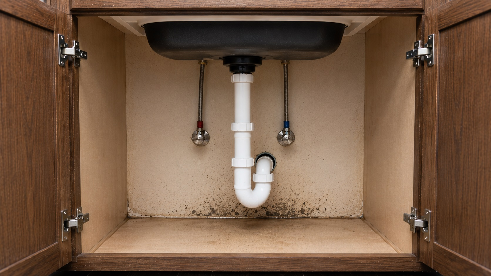 Early mold and moisture stains inside an under-sink cabinet caused by a hidden plumbing leak.
