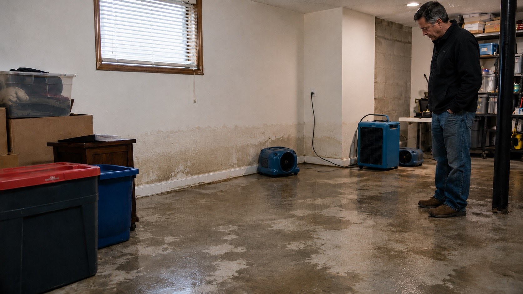 Homeowner standing in a damp basement with wall staining, wet concrete flooring, air movers, and drying equipment after water damage.