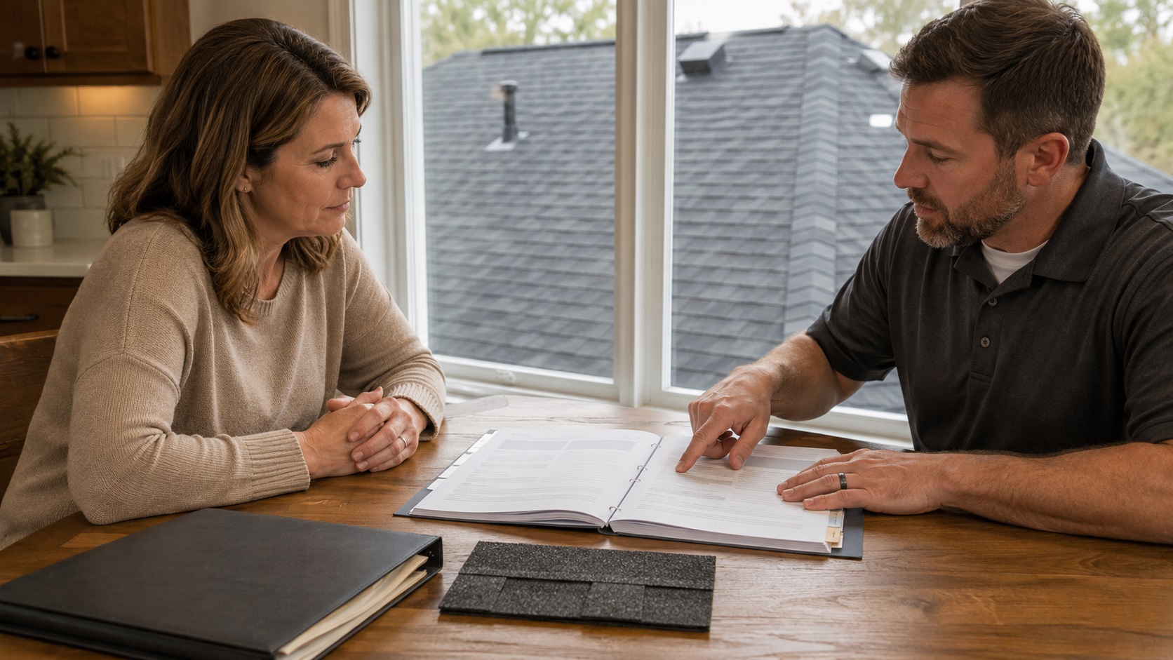 Homeowner and roofing contractor reviewing an open warranty packet beside an asphalt-shingle sample, with a completed roof visible through the window.