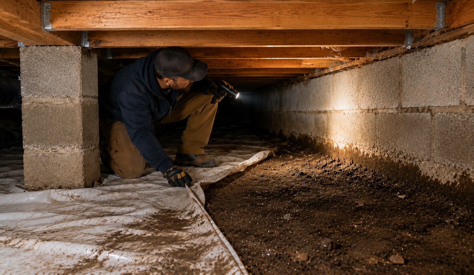 Crawl space contractor crouching under low floor joists and inspecting a partially covered dirt floor with a vapor barrier edge, damp soil, a support pier, and flashlight illumination.