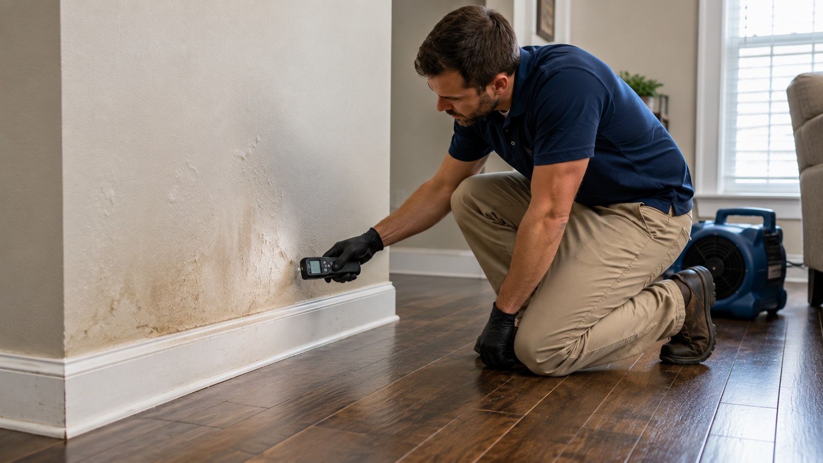 Water damage restoration professional using a moisture meter to inspect a stained wall, damaged baseboard, and damp hardwood floor with drying equipment nearby.