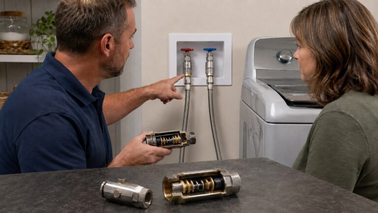 Plumber showing a homeowner the internal spring-loaded mechanism of washing machine hose burst-protection connectors installed on hot and cold supply valves.