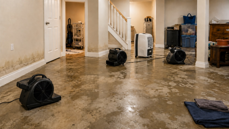 Basement drying after flood damage with air movers, a dehumidifier, damp concrete flooring, and lower-wall moisture staining.
