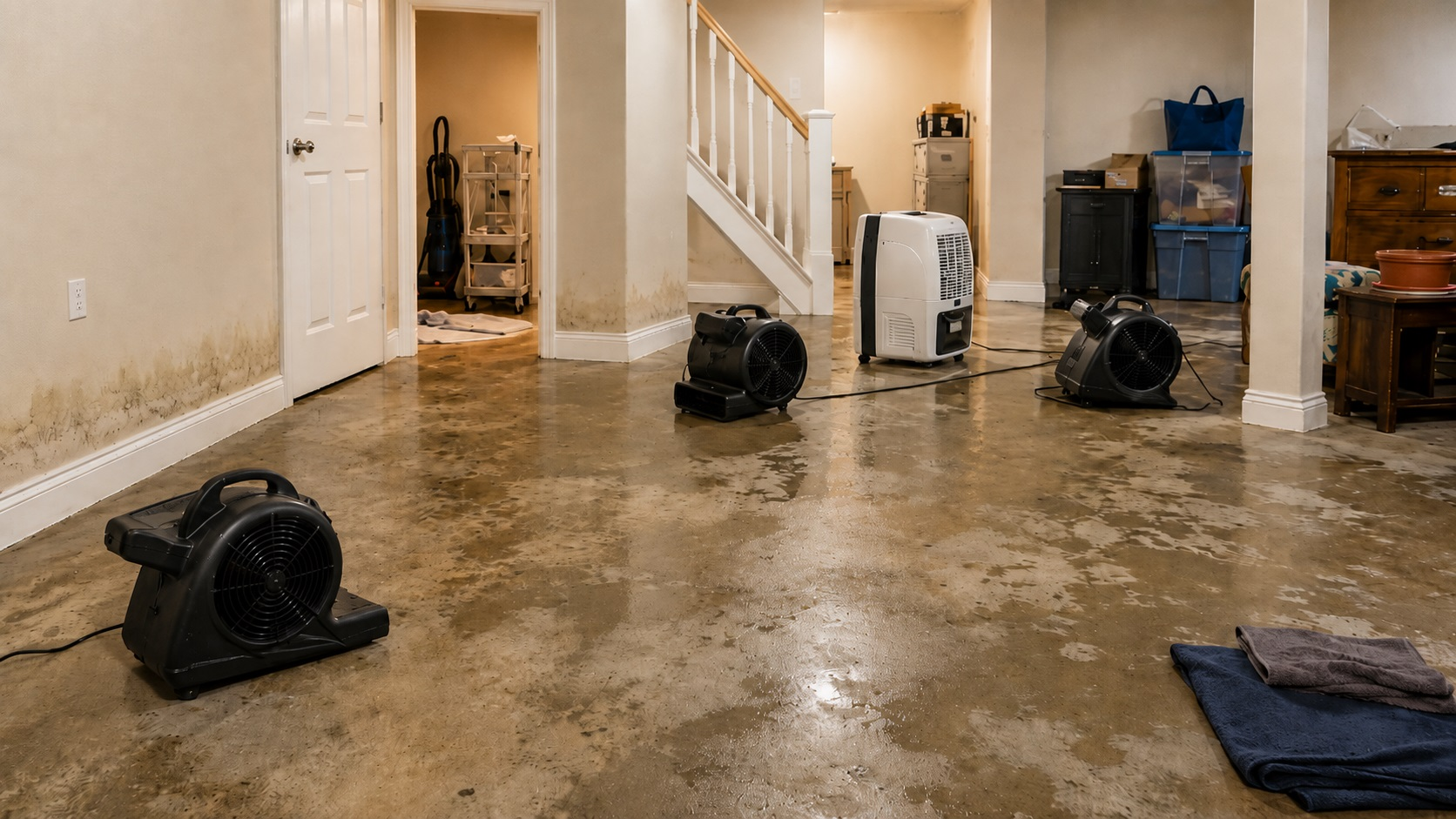 Basement drying after flood damage with air movers, a dehumidifier, damp concrete flooring, and lower-wall moisture staining.