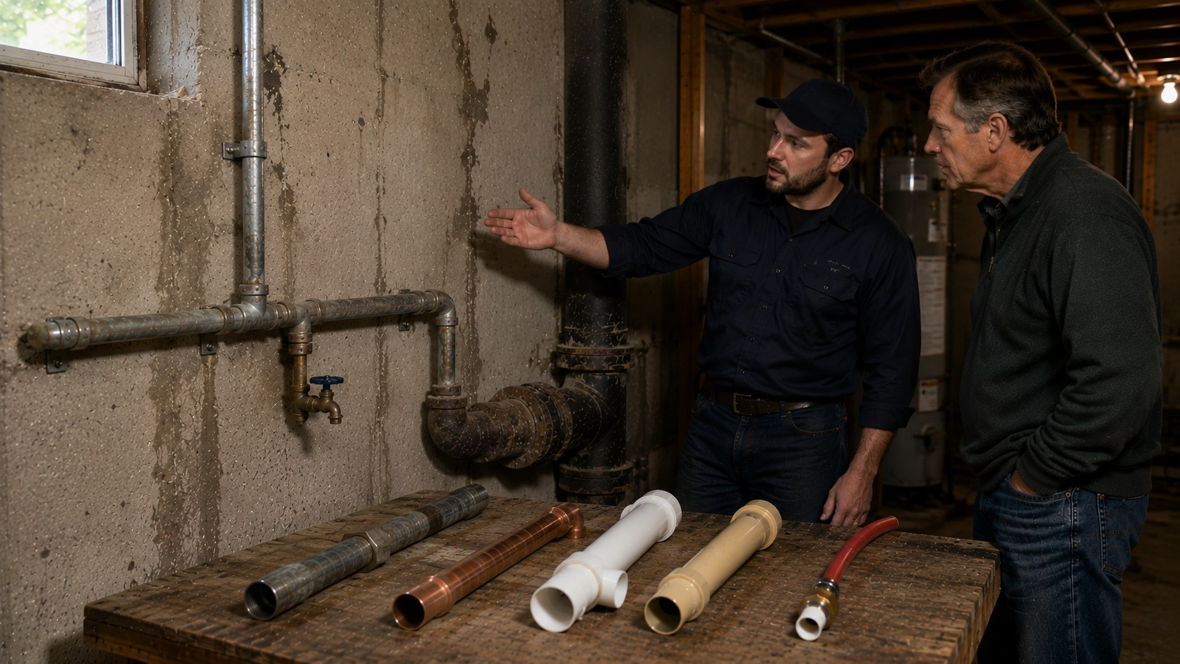 Two men in a realistic unfinished basement examine older plumbing materials beside exposed galvanized and cast-iron pipes, with copper, PVC, CPVC, and PEX sample pieces on a workbench.