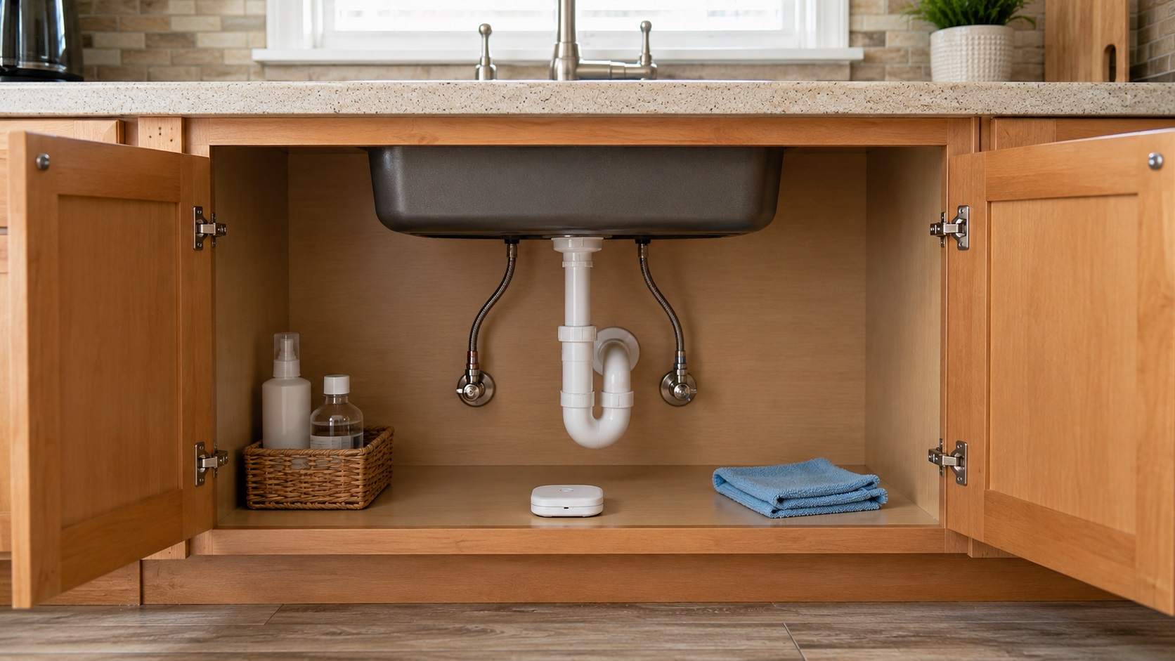 Open kitchen sink cabinet with realistic under-sink plumbing, a leak detector, and clean dry surfaces set up to prevent recurring mold behind kitchen cabinets.
