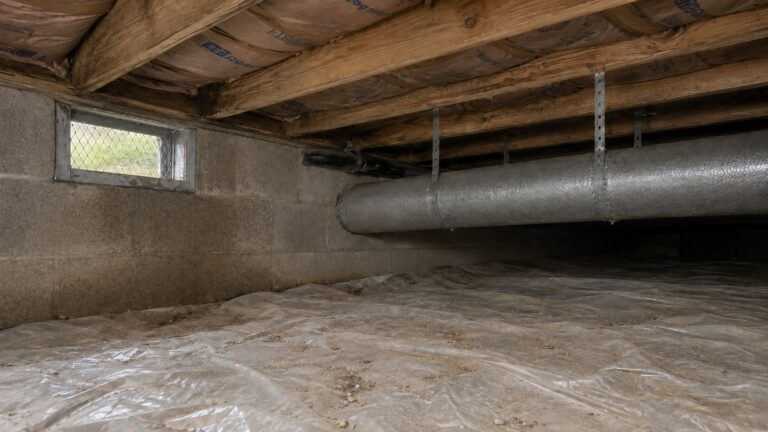 Vented crawl space with a foundation vent, suspended ductwork, kraft-faced insulation, damp wall staining, and a wrinkled vapor barrier showing how humid outdoor air can cause moisture problems.