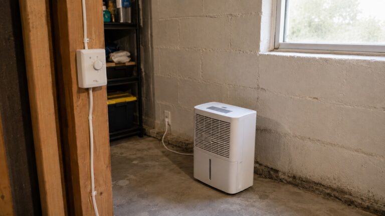 A wall-mounted humidity controller and dehumidifier help stabilize indoor humidity levels in a basement utility room.