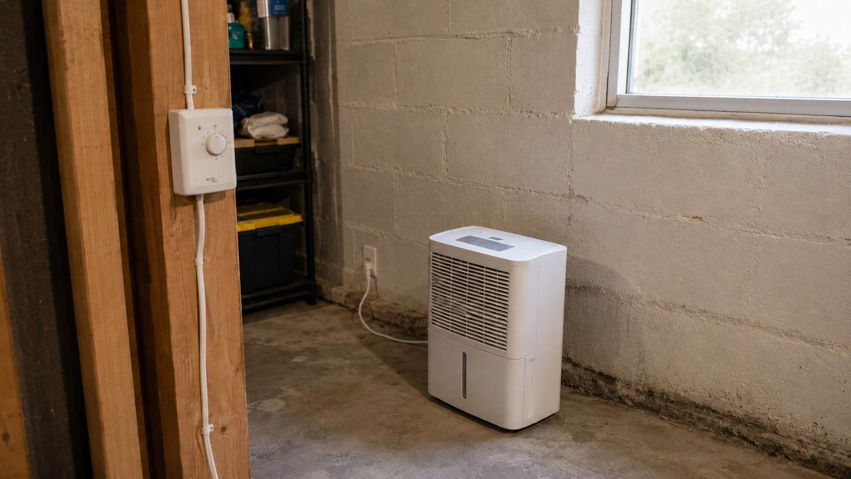 A wall-mounted humidity controller and dehumidifier help stabilize indoor humidity levels in a basement utility room.