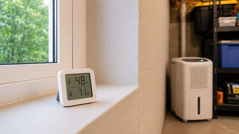 A digital humidity monitor on a basement window ledge with a dehumidifier in the background.