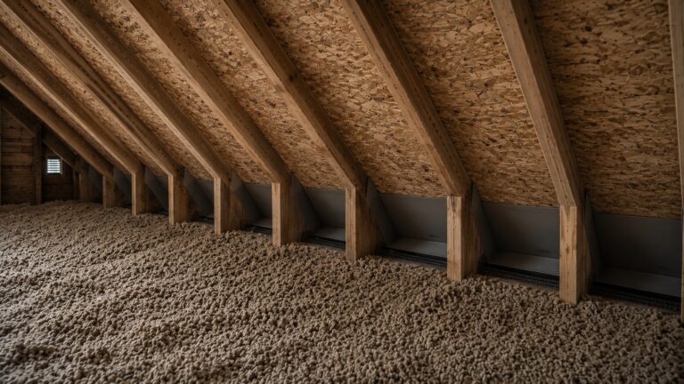 Realistic attic with straight roof decking, exposed rafters, dry insulation, and ventilation baffles creating clear airflow channels near the eaves.