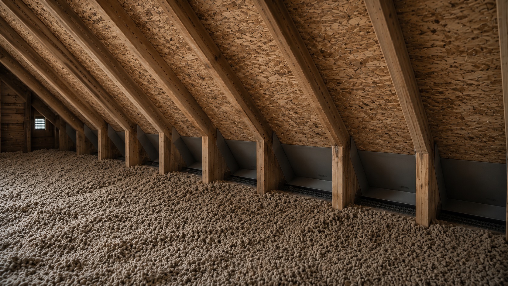 Realistic attic with straight roof decking, exposed rafters, dry insulation, and ventilation baffles creating clear airflow channels near the eaves.