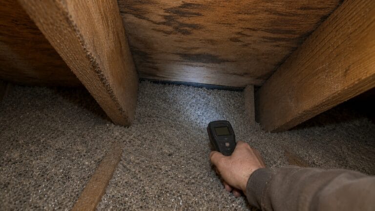 Handheld moisture meter aimed at dusty attic insulation below stained roof sheathing while checking for signs of inadequate roof ventilation.