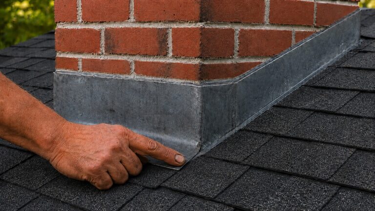 Gloved hand lifting an asphalt shingle beside weathered chimney flashing during a persistent roof leak inspection.