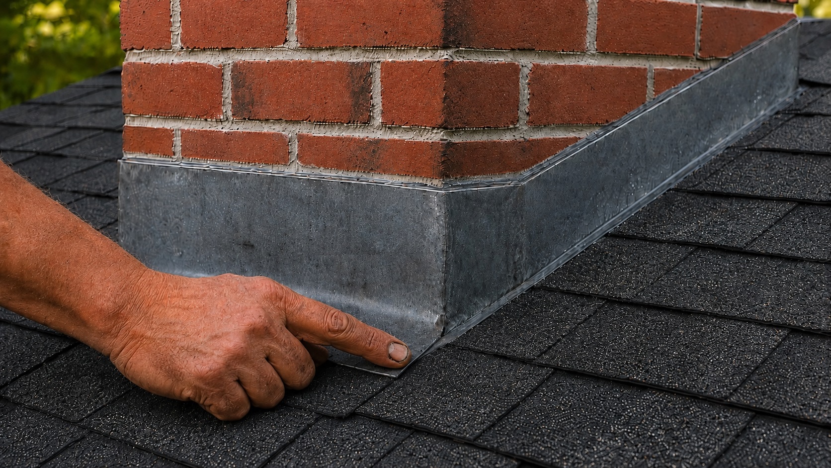 Gloved hand lifting an asphalt shingle beside weathered chimney flashing during a persistent roof leak inspection.