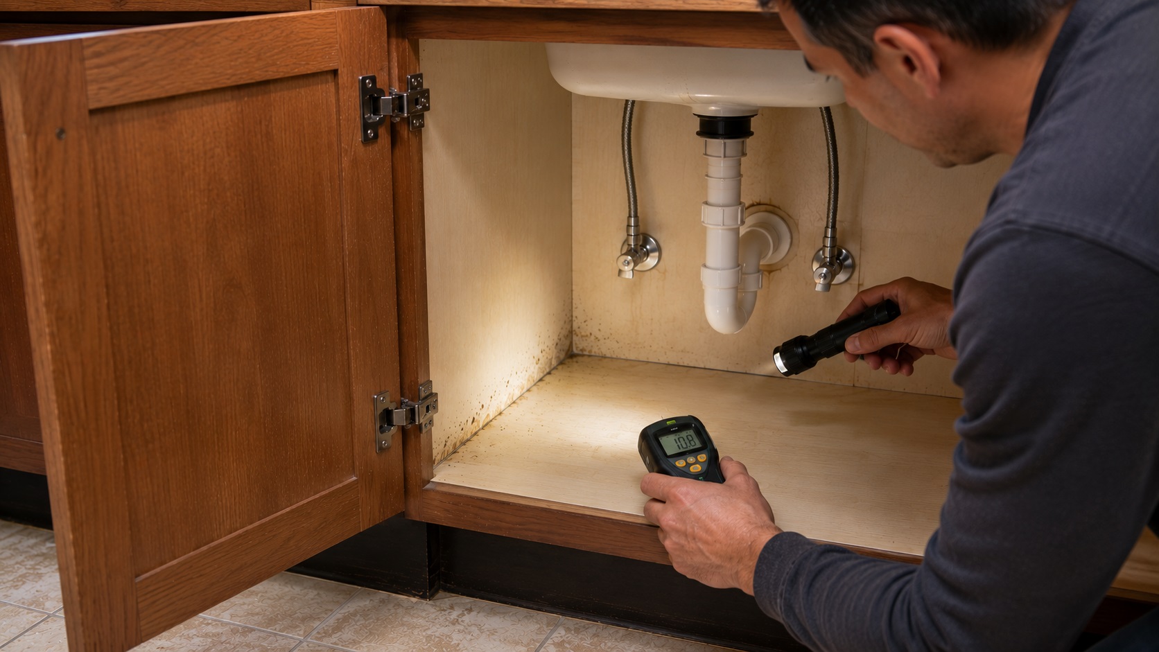 Homeowner inspecting an open kitchen sink cabinet with a flashlight and moisture meter, checking subtle staining and mold specks near the lower back seam.