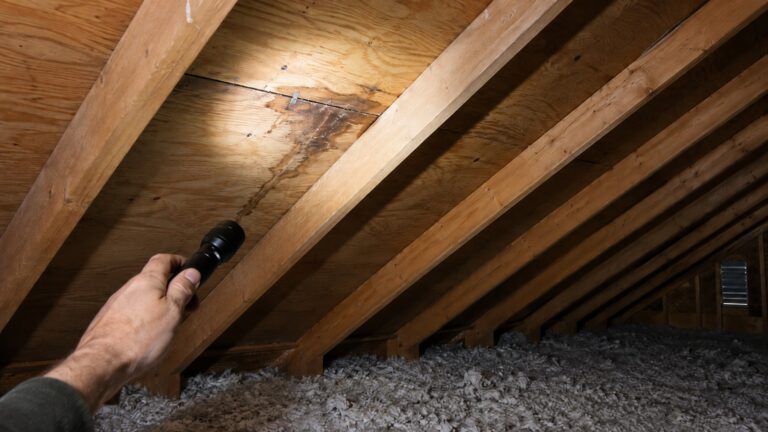 A homeowner uses a flashlight to inspect water staining along a plywood roof-deck seam between evenly spaced attic rafters.