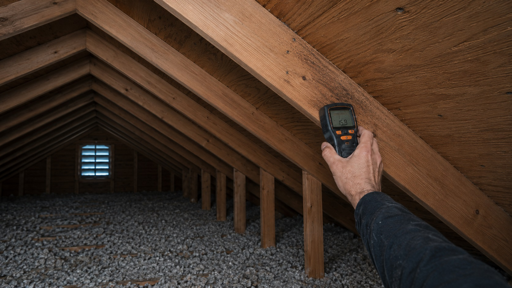 Hand holding a moisture meter against a stained roof rafter inside a dusty attic with exposed sheathing and insulation.