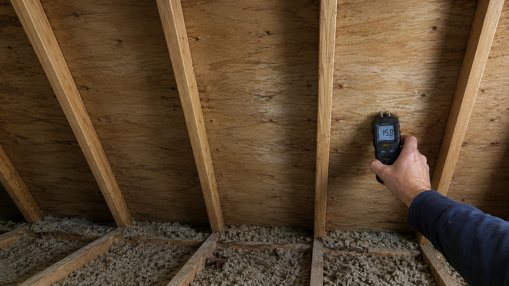Hand holding a moisture meter against attic roof sheathing with faint condensation stains, rusted nail tips, rafters, and dusty insulation visible.