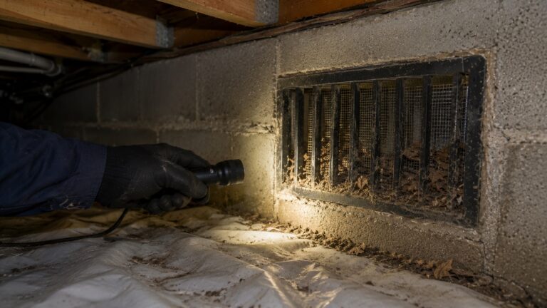 A gloved hand shines a flashlight on a crawl space foundation vent partially blocked by leaves, dirt, and cobwebs.