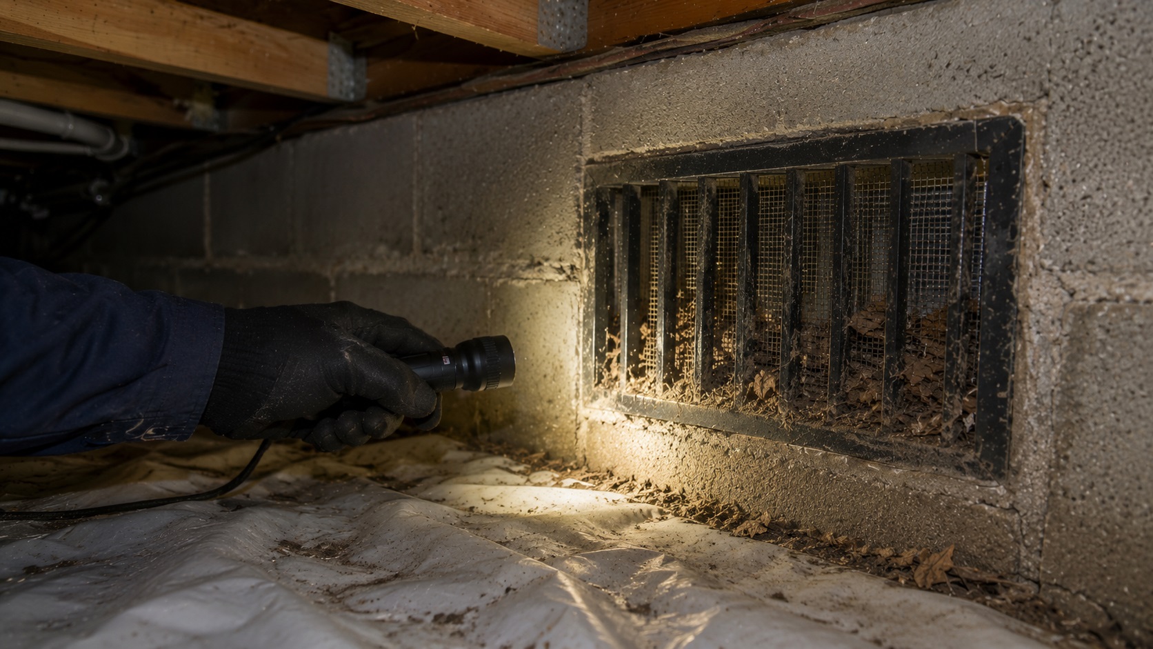 A gloved hand shines a flashlight on a crawl space foundation vent partially blocked by leaves, dirt, and cobwebs.