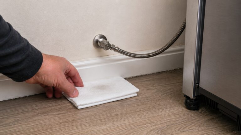 Hand placing a paper towel under a refrigerator water supply valve and braided line to check for leaks behind the appliance.