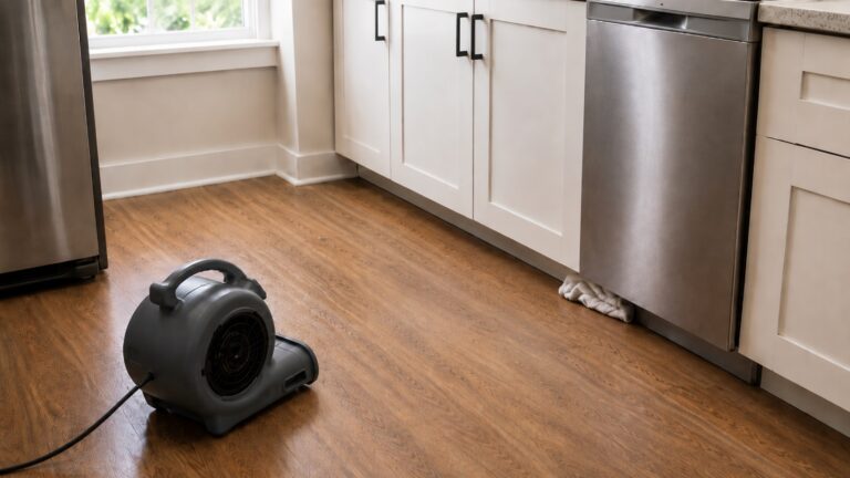 Compact air mover drying a damp wood-look kitchen floor near a dishwasher with a towel tucked under the appliance base.