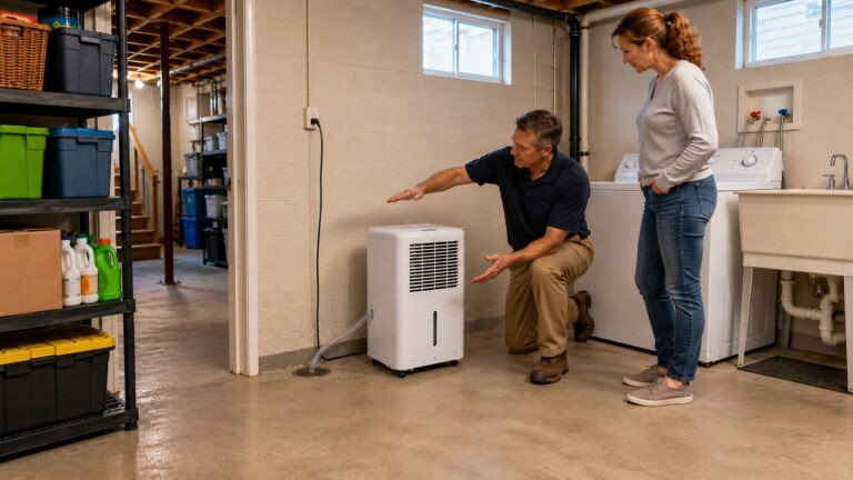 Man and woman inspecting a dehumidifier setup in a basement laundry room with washer, sink, storage shelves, and drainage hose