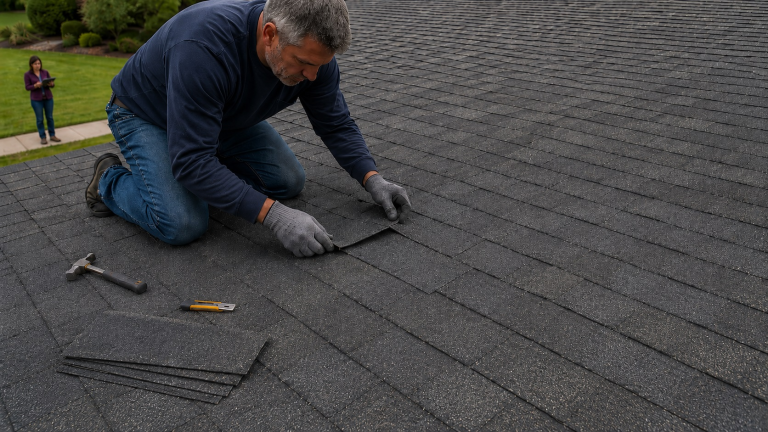 Roofing contractor replacing a small number of damaged architectural shingles on an otherwise serviceable asphalt-shingle roof.