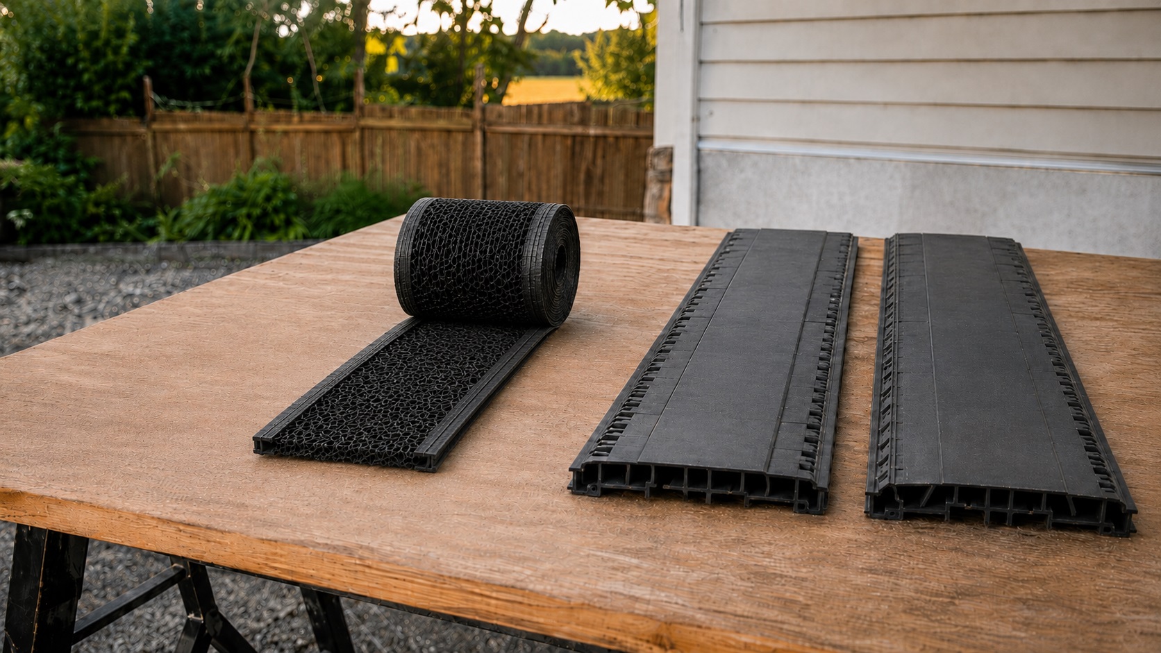 Mesh roll ridge vent beside two rigid ridge vent sections on a wooden worktable