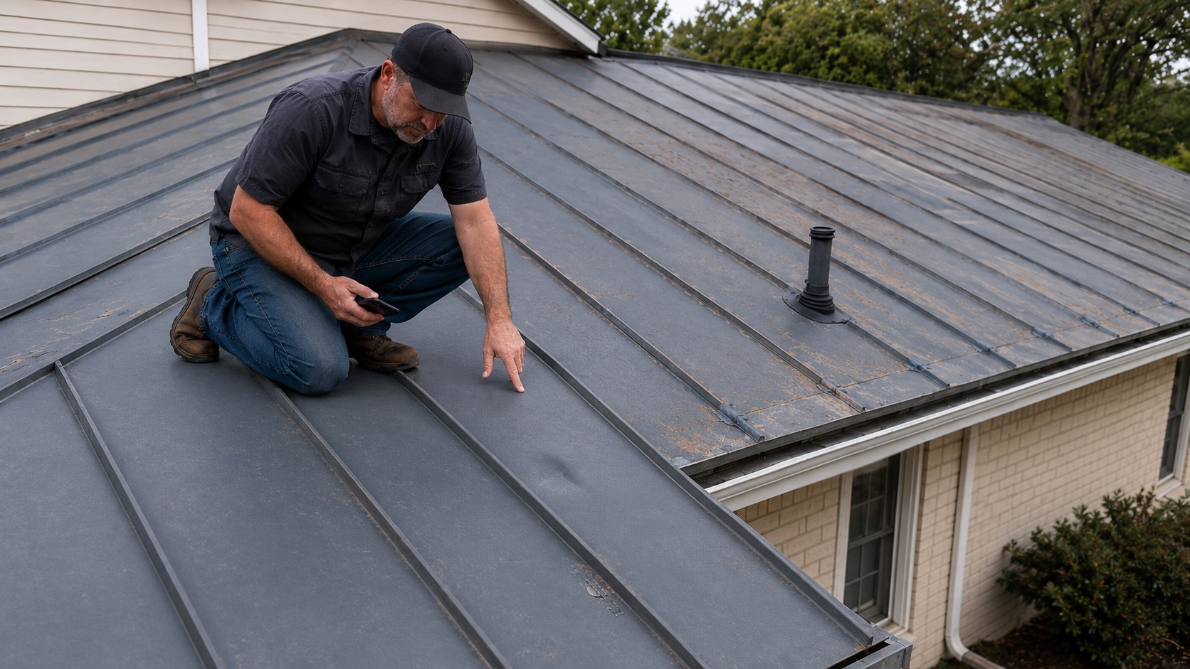 Roofing contractor kneeling on an aged standing-seam metal roof while inspecting a shallow panel dent and widespread coating wear.