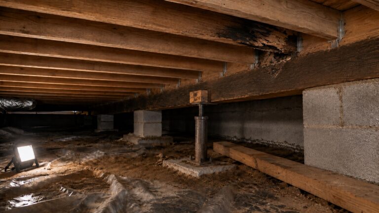 Crawl space with aged floor joists, a dark moisture-damaged joist near a support beam, a rusty floor jack, repair lumber, and a work light.