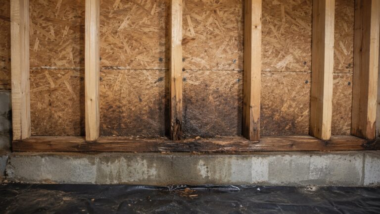 Exposed basement wall framing with moisture-stained studs, OSB sheathing, and a damp sill plate above a concrete foundation.