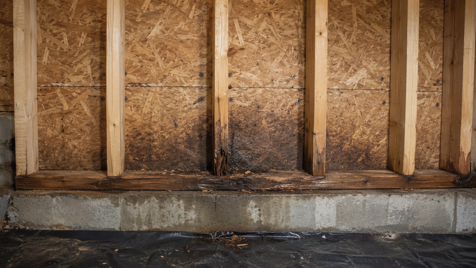 Exposed basement wall framing with moisture-stained studs, OSB sheathing, and a damp sill plate above a concrete foundation.
