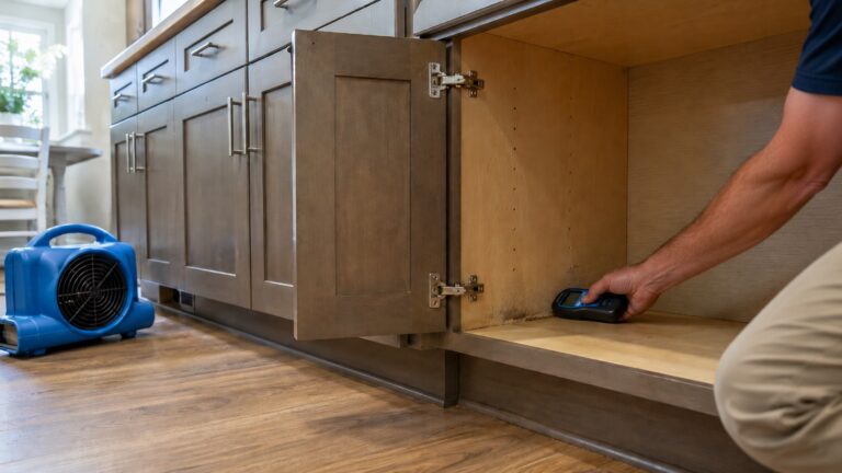 A moisture meter checks the back lower corner inside an open kitchen cabinet while a small air mover dries the area.