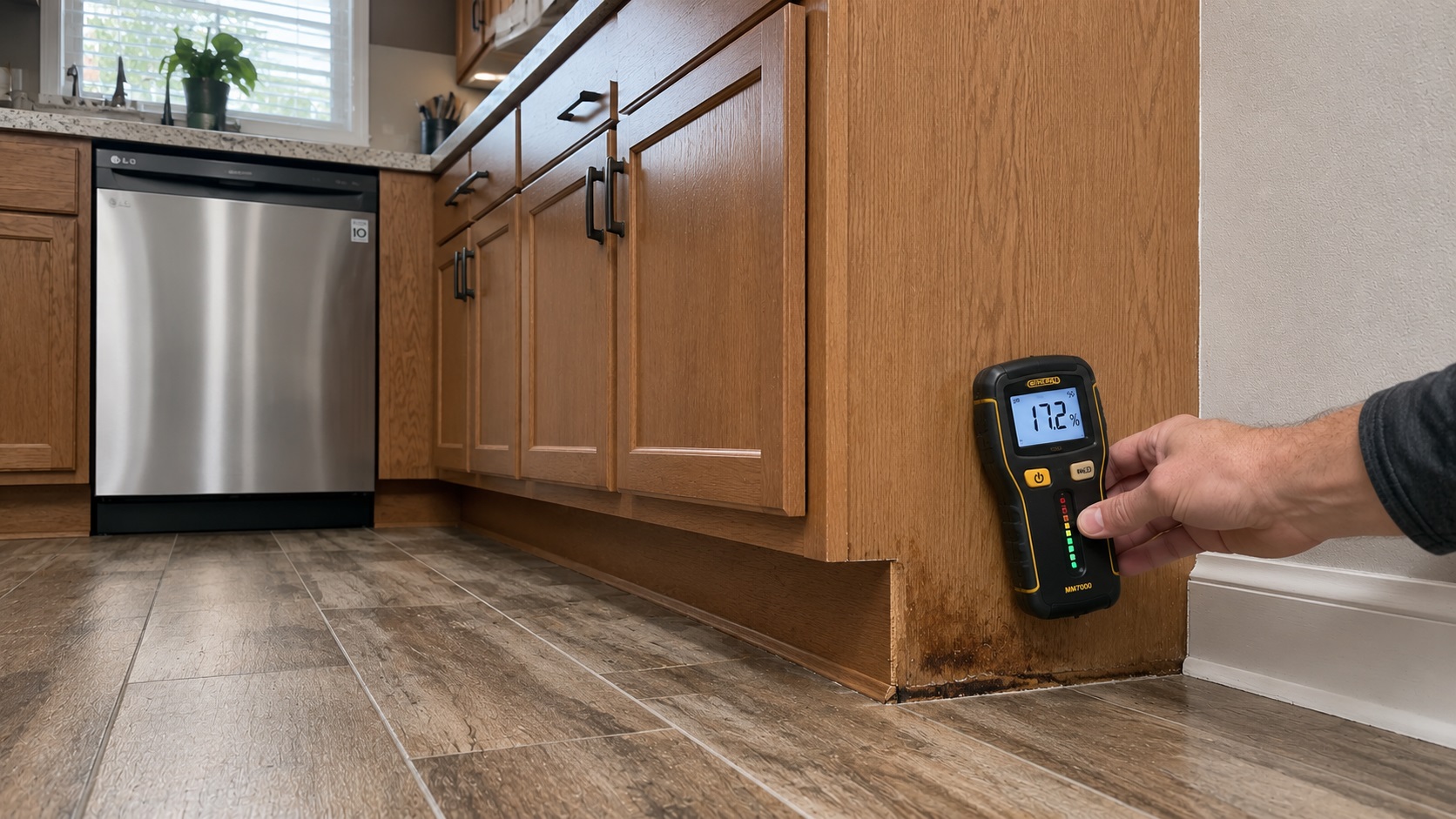 A hand holds a moisture meter against the lower side of a kitchen cabinet near a stained toe-kick seam during a hidden moisture inspection.