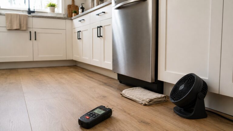 Clean kitchen floor near a dishwasher with a moisture meter, folded towel, and small fan used to help prevent mold under flooring.