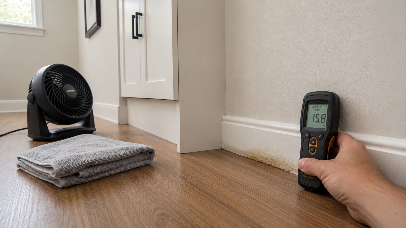 Moisture meter checking a faint damp stain along a baseboard after cleanup, with a towel and fan nearby on a clean wood-look floor.