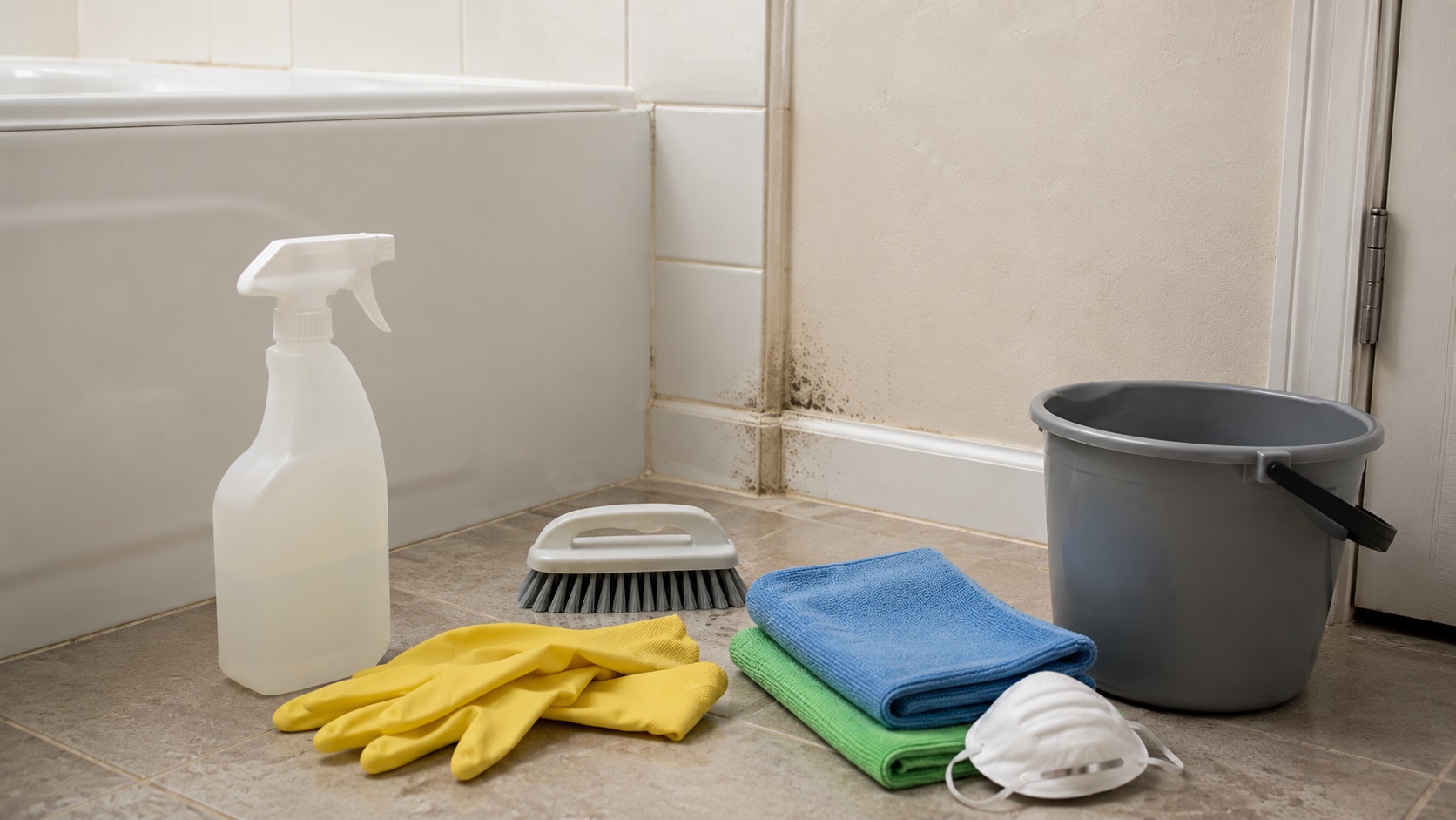 Generic mold cleaning supplies arranged on a bathroom floor beside a small patch of mold near the bathtub and baseboard.