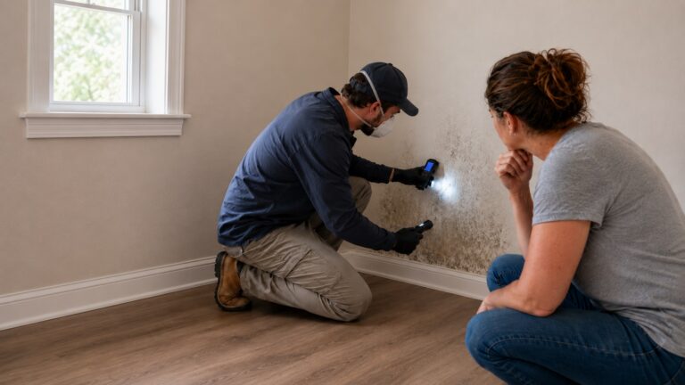 A mold remediation professional wearing gloves and a mask inspects moderate mold and moisture damage on a lower wall while a homeowner watches attentively.
