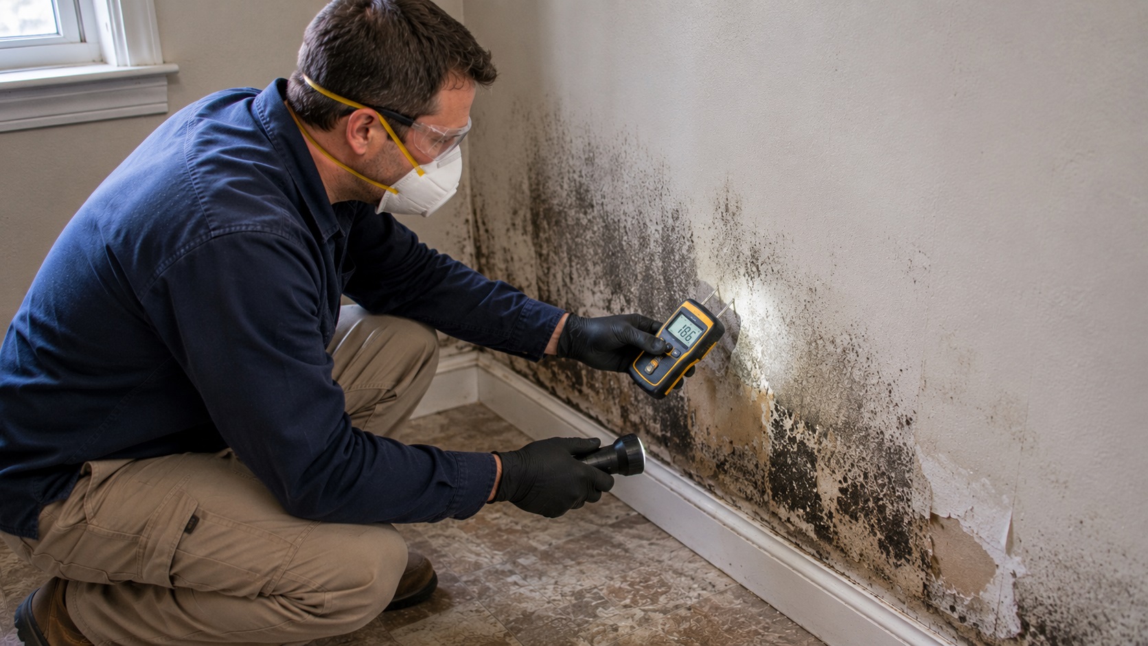 Mold remediation professional wearing a respirator and gloves inspecting mold damage along a lower wall with a flashlight and moisture meter.